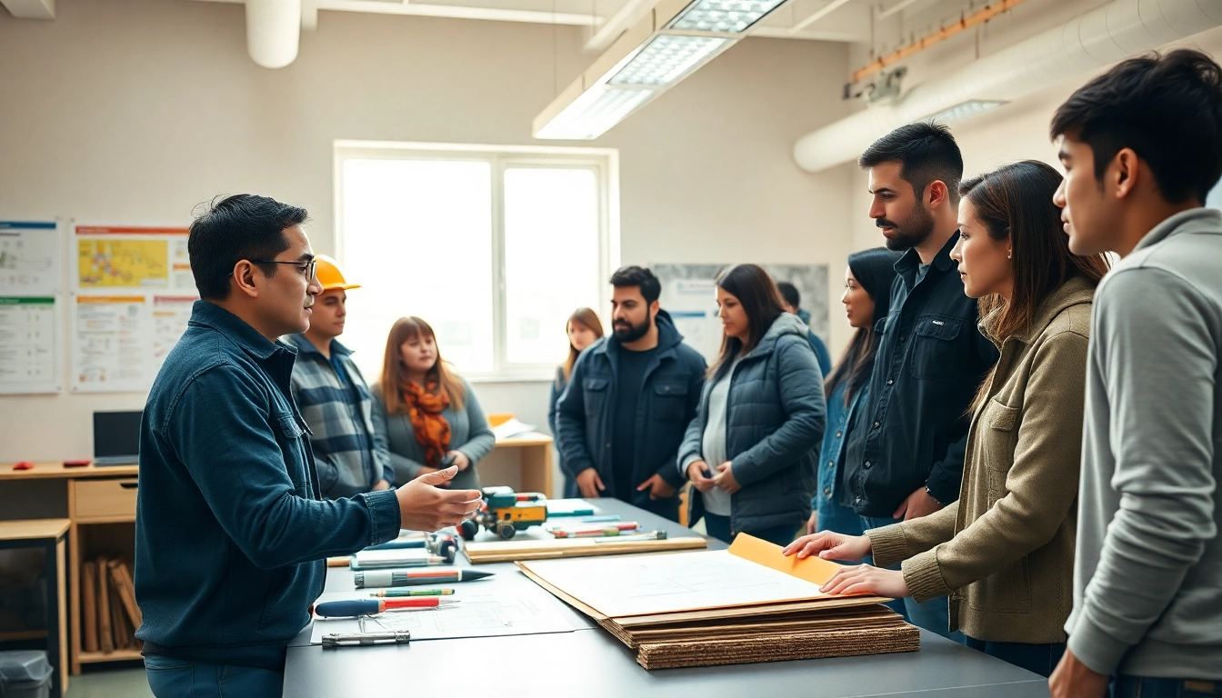 Trainees participating in construction training programs, engaged with modern tools in a bright classroom setting.