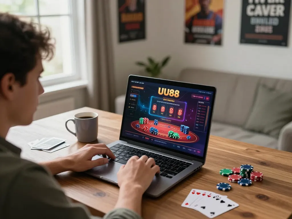 Engaging online casino gameplay on UU88, featuring a focused player at a modern gaming setup.