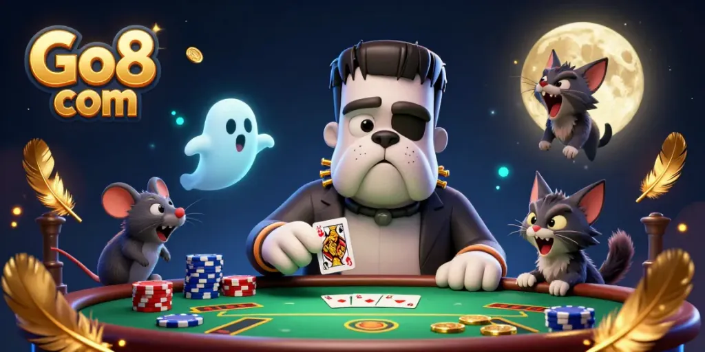 Engage with Go8 com as a Frankenstein bulldog deals cards at a spooky casino table.