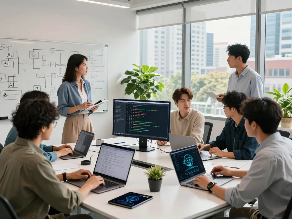 Developers collaborating on mind control AI technology in a modern workspace