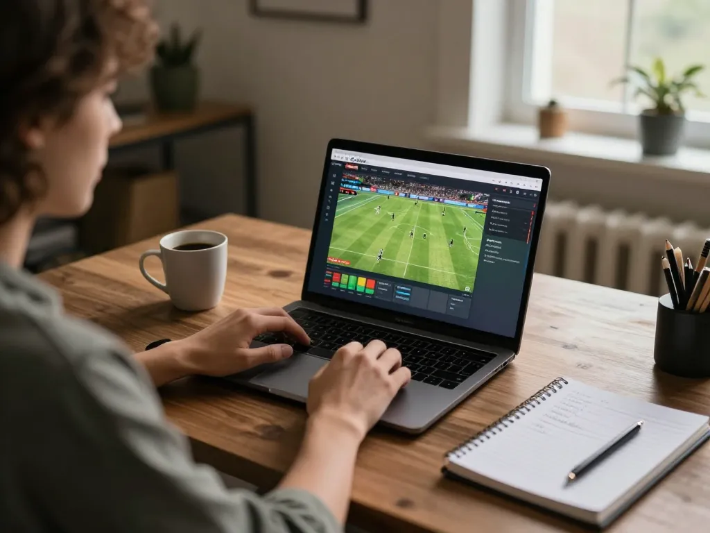 SOCOLIVE user placing bets while watching live football on laptop during a cozy home session