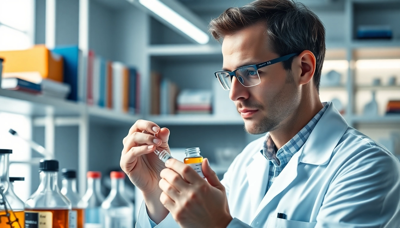 Researcher studying Retatrutide in a modern lab setting with vibrant equipment.