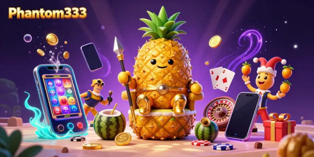 Spin to win with Phantom333's vibrant beach casino scene featuring the golden pineapple king and dynamic gaming elements.