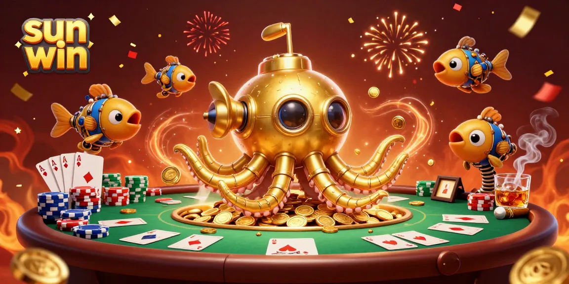 Experience the excitement of sun win with a vibrant kraken submarine emerging from golden coins.