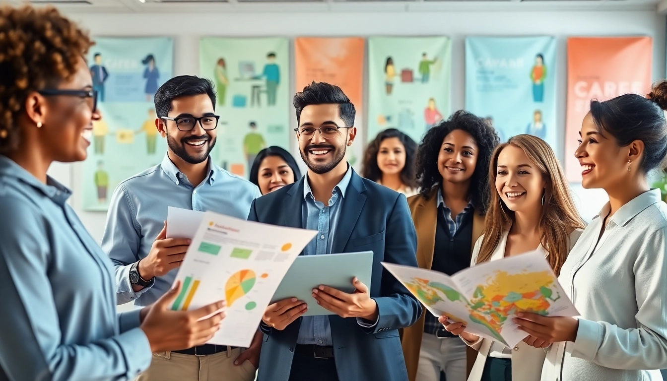 Individuals collaborating in a bright setting to discover their ideal career options.