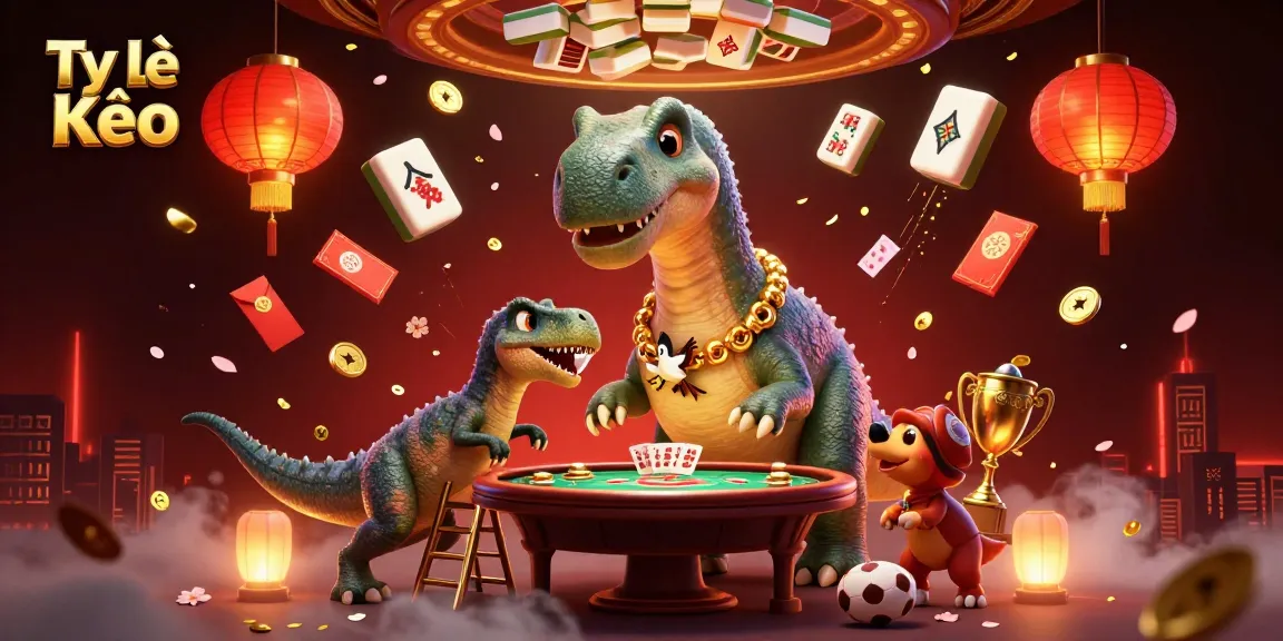 Tỷ Lệ Kèo showcases a vibrant 3D scene with a giant brontosaurus and clever raptor, highlighting dynamic sports betting elements.