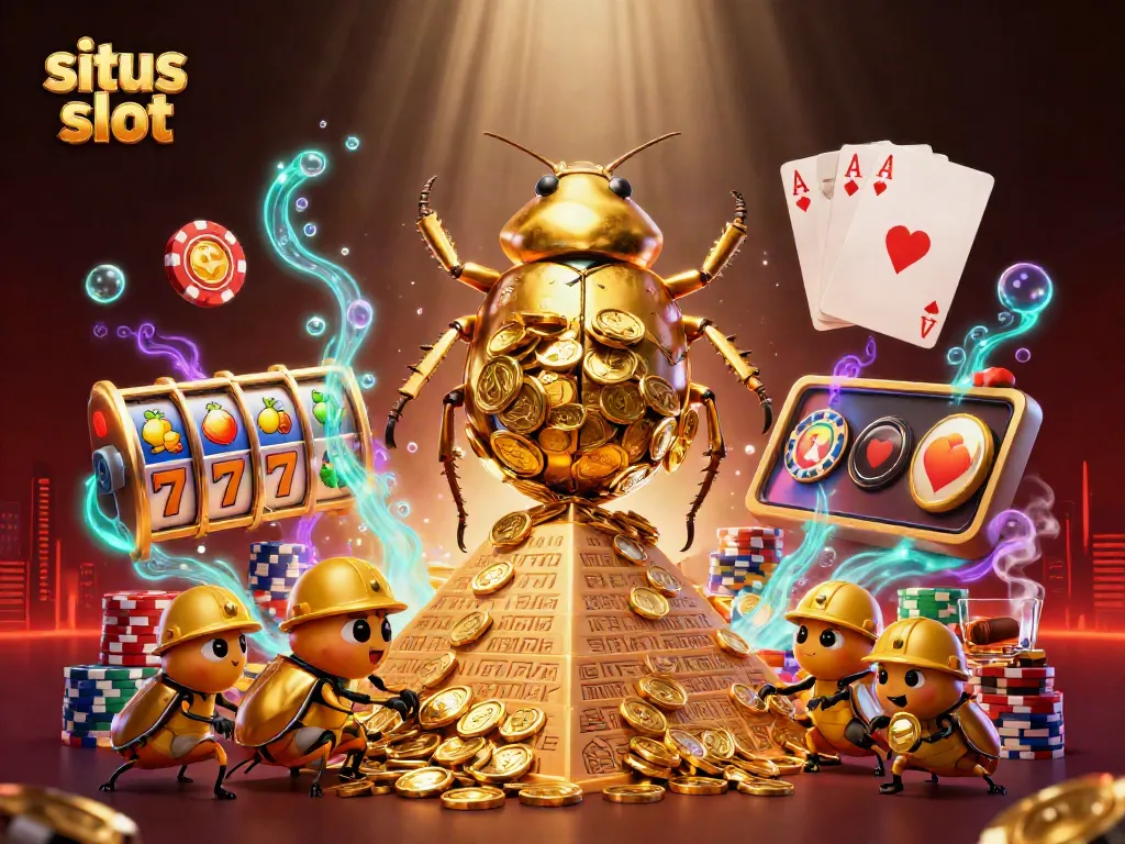 Experience exciting situs slot adventures with a golden dung beetle rolling a jackpot of coins.