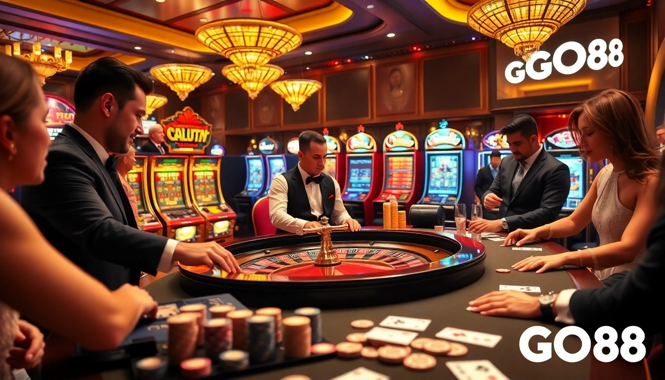 Experience the thrill of gaming at GO88 casino with vibrant roulette and card tables.