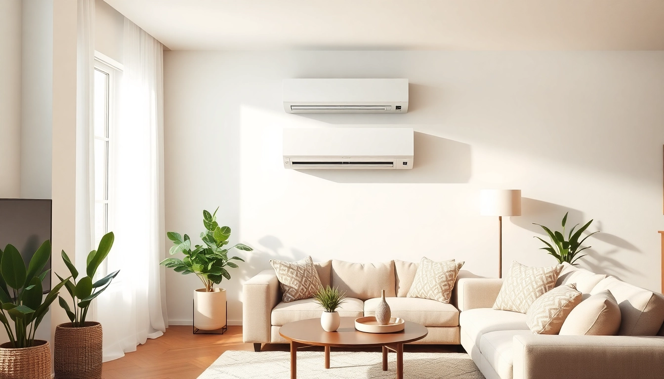 Installing a Mitsubishi mini split AC in a stylish living room for optimal comfort.