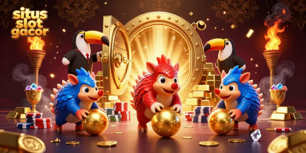 Experience the excitement of situs slot gacor with rival pangolins bowling through poker chips amidst treasure.