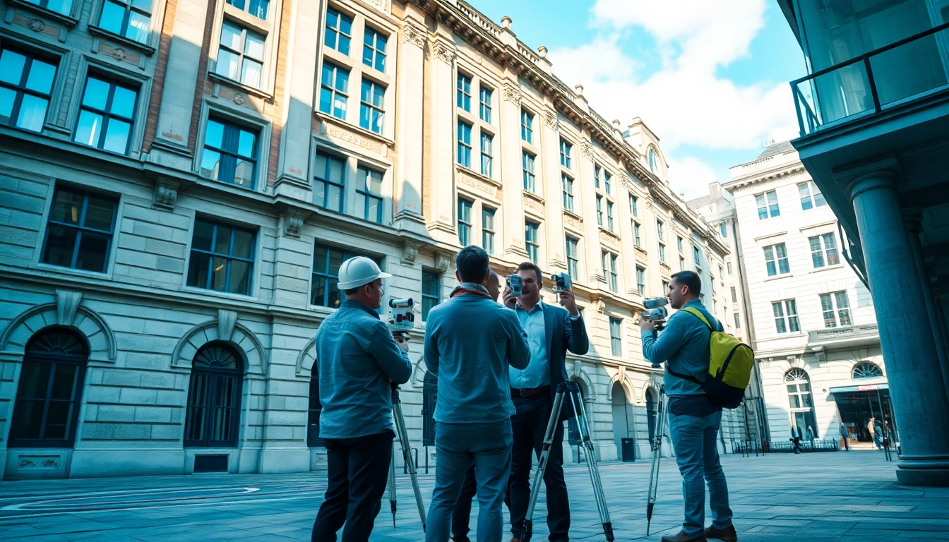 Measured Building Surveyors London assessing a historical building with advanced surveying technology.