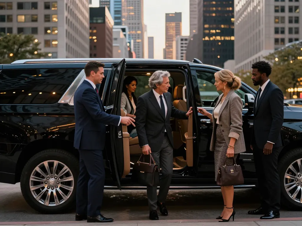 Chauffeur opening Cadillac Escalade door for elegant clients in Chicago's surrounding areas (high value).