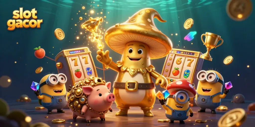 Engage with slot gacor gameplay featuring a whimsical wizard and treasures in an action-packed casino scene.