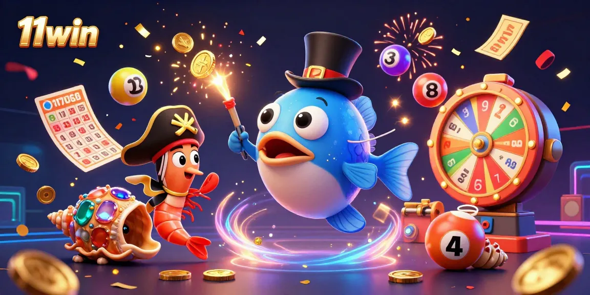 Win exciting rewards with 11win's vibrant 3D casino scene featuring dynamic lottery elements.