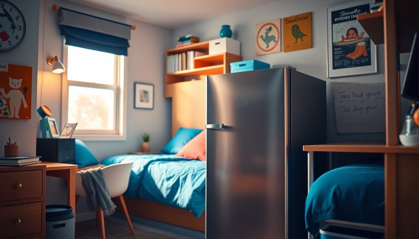 Smart dorm room fridge nestled in a stylish dormitory corner, enhancing student life.