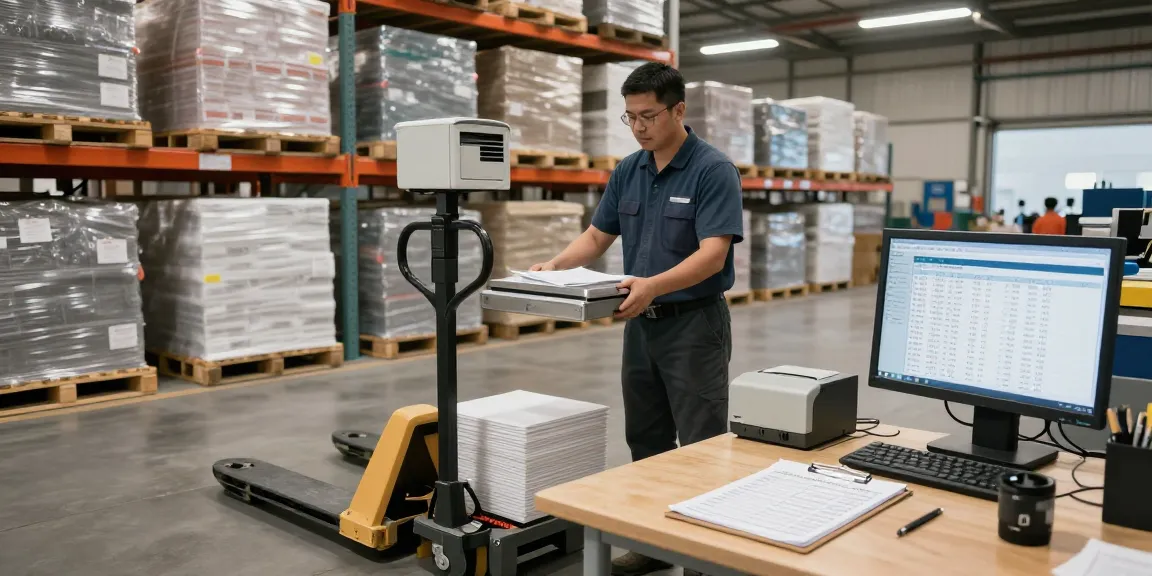 Manual pallet truck with scale and printer in Texas used for efficient inventory management in a busy warehouse setting.