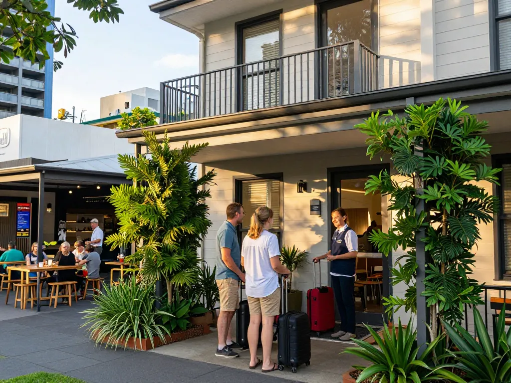 Airbnb management Brisbane with guests checking in at a vibrant city property, showcasing local hospitality and charm.