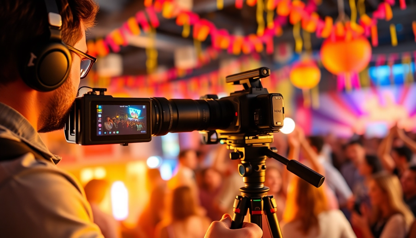Event videography capturing a joyful scene of celebration filled with vibrant colors.