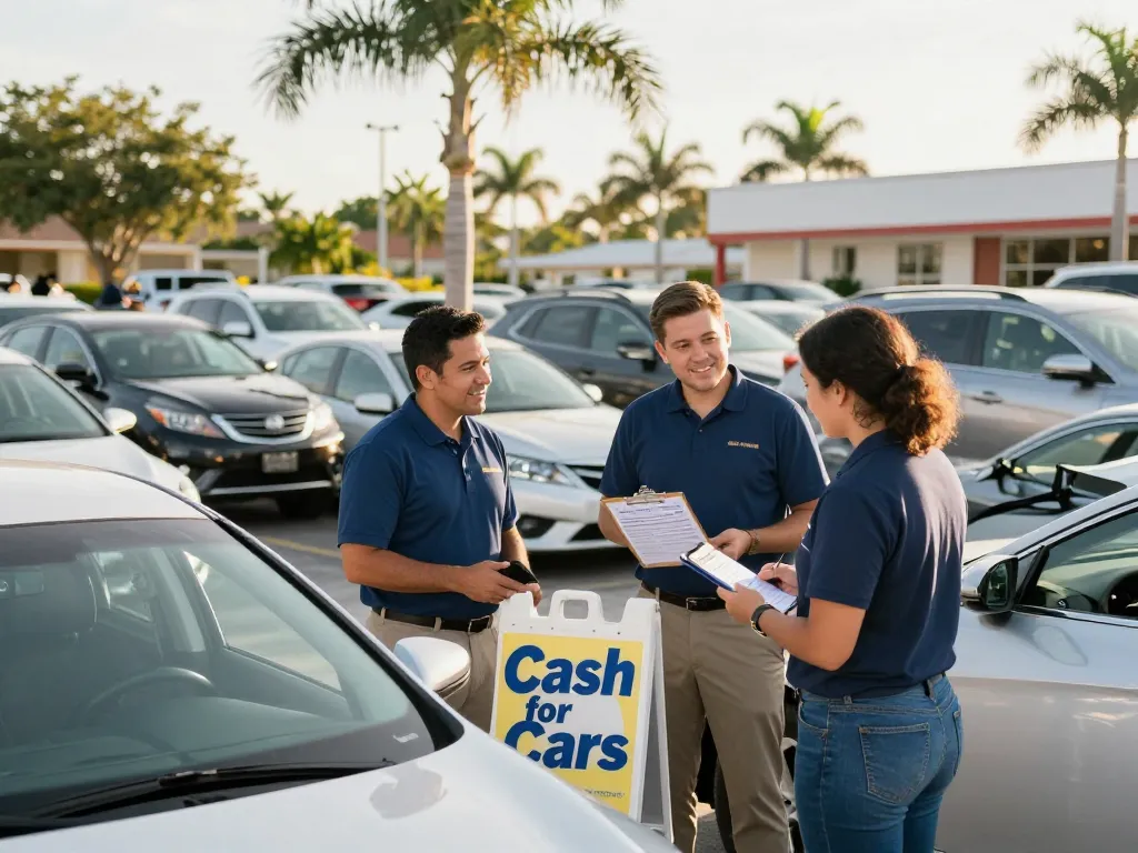 Cash for cars Fort Myers service with friendly staff discussing vehicle sale in the Florida sun.