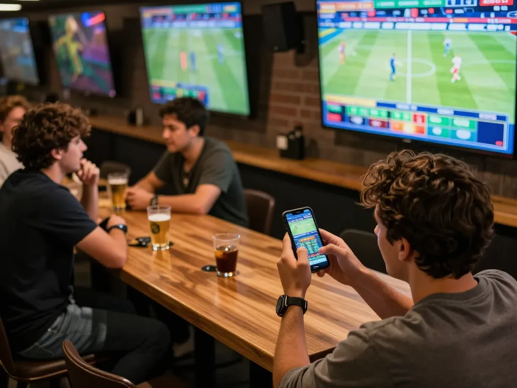 Excited bettor using smartphone for keo nha cai at a sports betting pub.