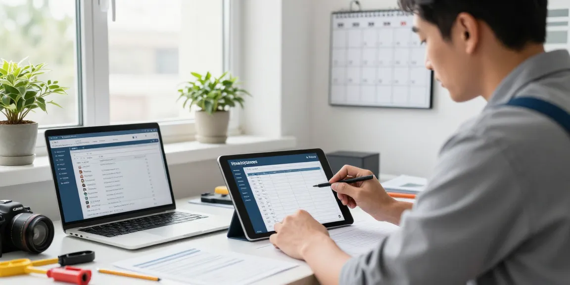 Efficient contractor using handyman scheduling software in a modern office.
