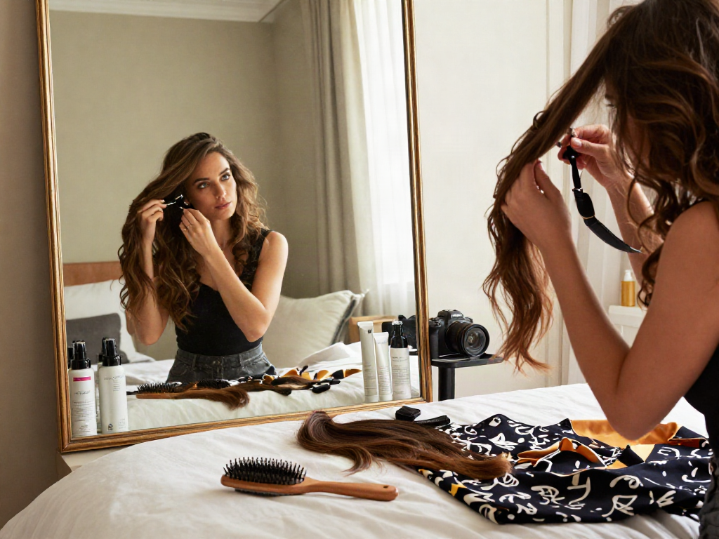 Seamless application of invisi edge clip in hair extensions in a stylish bedroom.