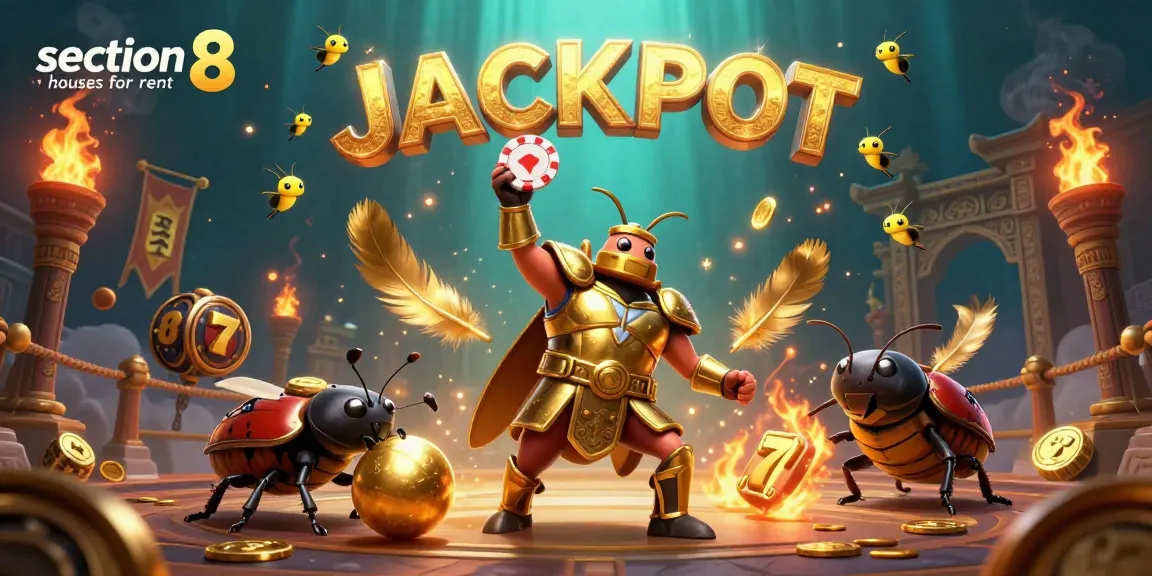 Experience thrilling action with section 8 houses for rent in a dynamic casino illustration featuring lucky symbols and vibrant colors.