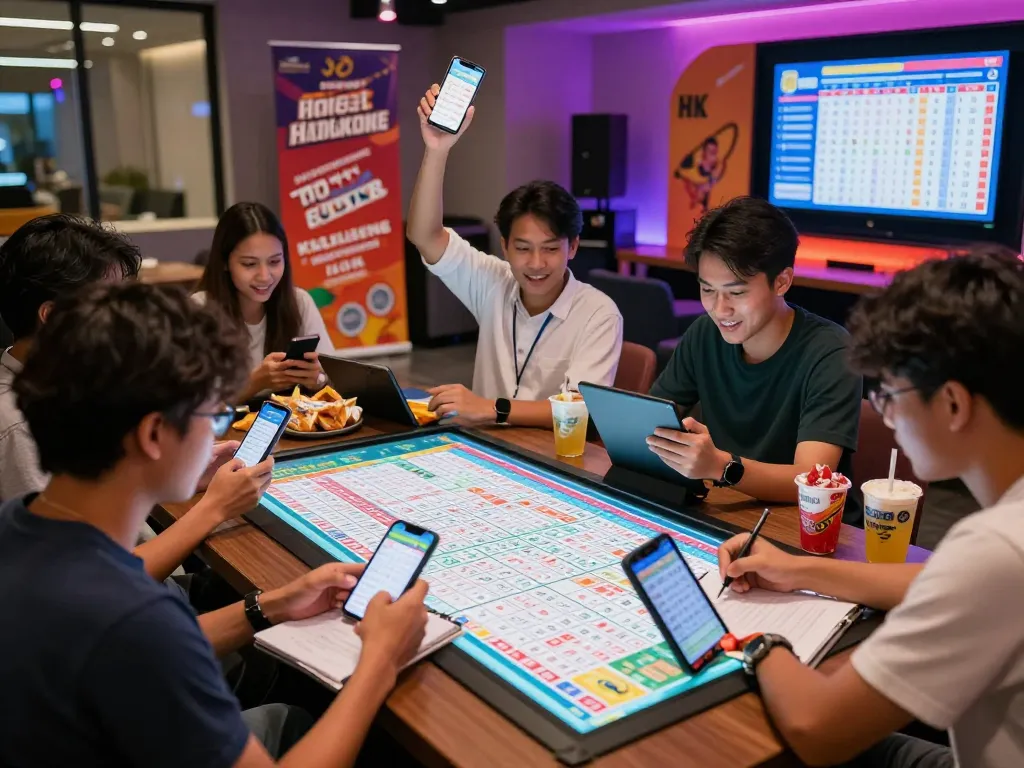 Adegan perayaan hasil Keluaran HK dengan pemain antusias yang menganalisis hasil Togel Hongkong, menunjukkan semangat dan komunitas.