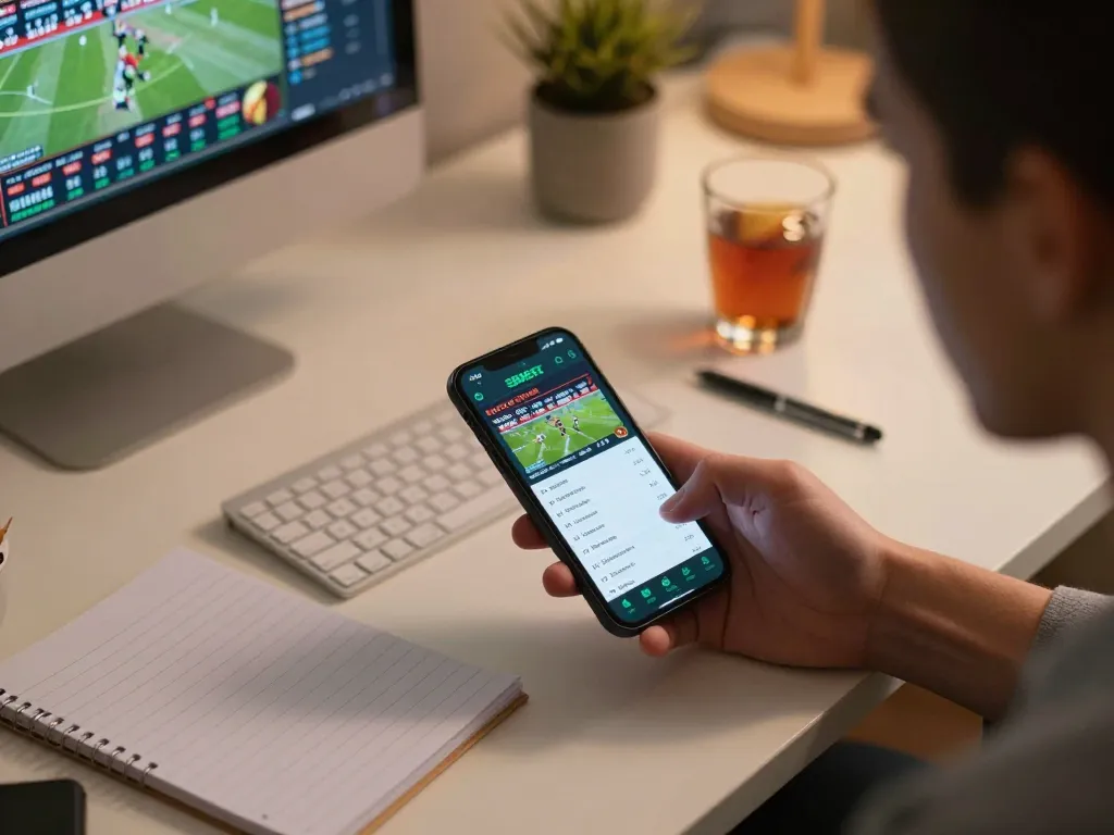 Pengguna SBOBET aktif berinteraksi dengan aplikasi taruhan mobile, menampilkan peluang dan pertandingan olahraga live.