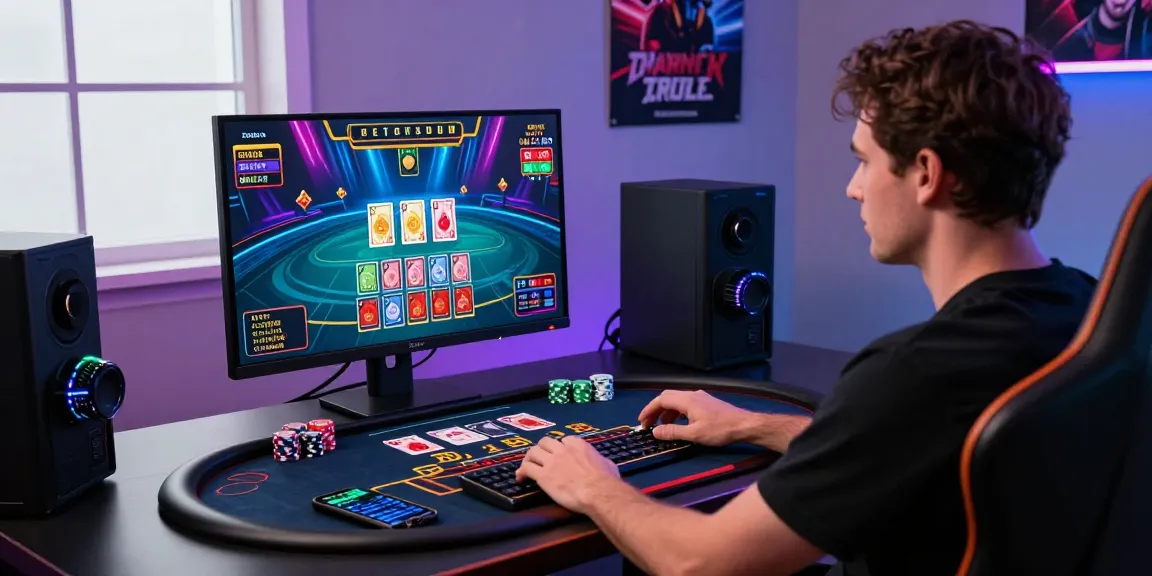 Baccarat online gameplay in a vibrant gaming setup with a player engaging with a colorful table and cards.