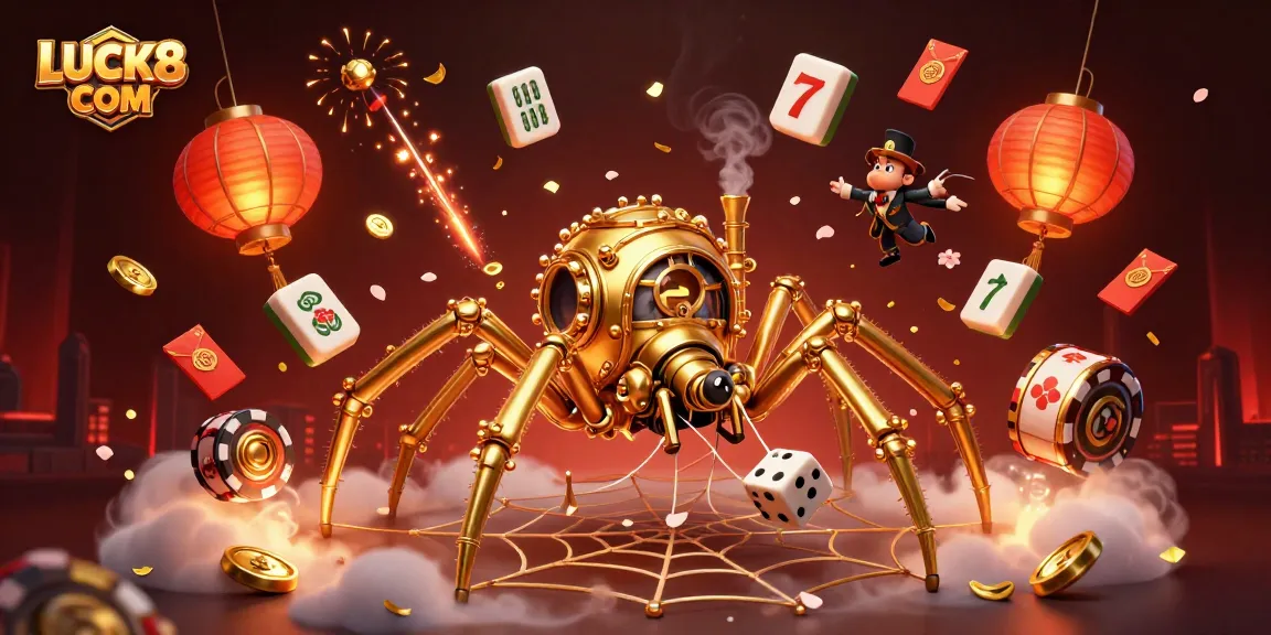 Engage with LUCK8 COM: 3D illustration featuring a golden spider and fly gentleman in a casino web.