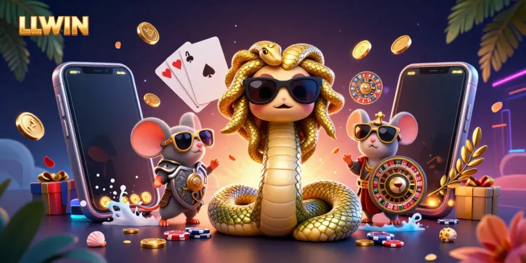 Engage with LLWIN's vibrant world of online gaming featuring animated Medusa and a mouse warrior.