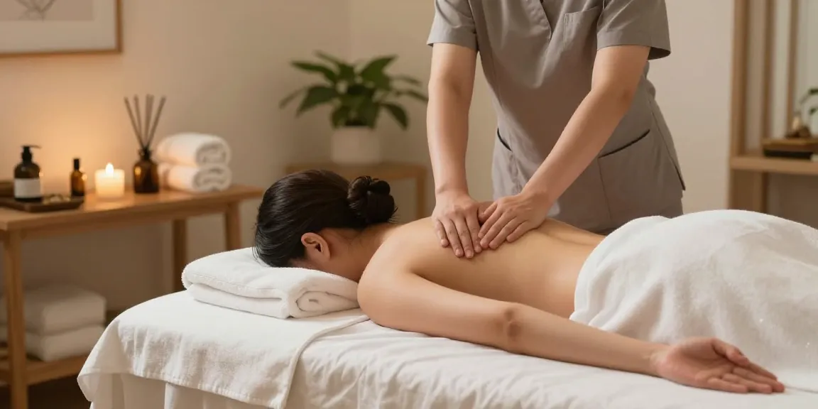 Client enjoying 안산출장마사지 in tranquil spa setting with soothing elements.