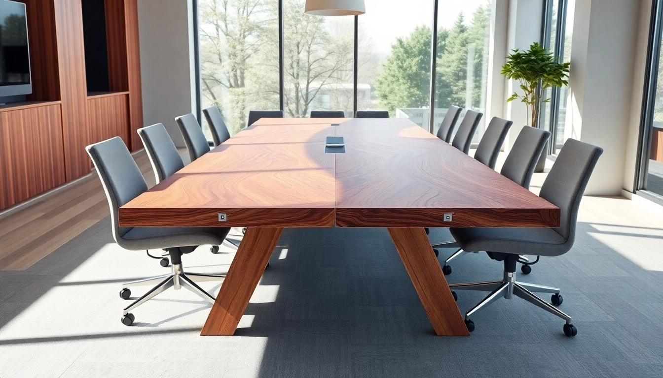 Stylish conference table showcasing solid hardwood craftsmanship and integrated power features in a modern office setting.