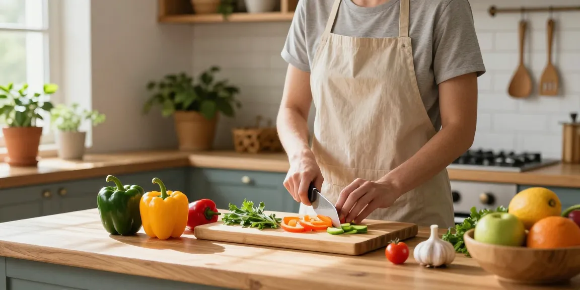 Bamboo cutting boards in a bright kitchen scene, showcasing joyful food preparation with fresh vegetables.
