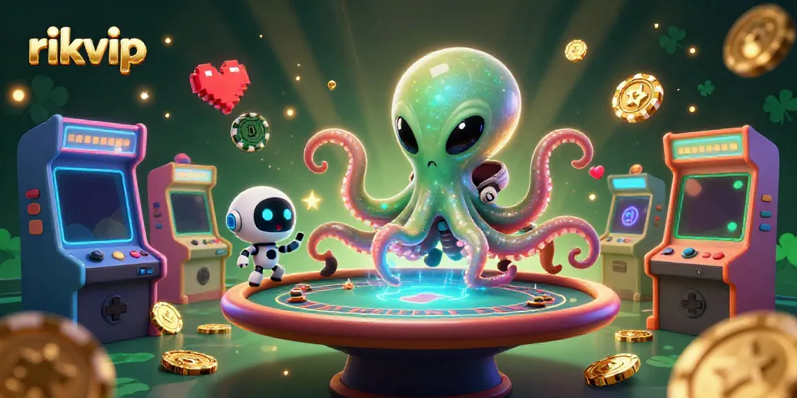 Visualize rikvip as a vibrant alien casino scene with tentacled dealer and game elements.
