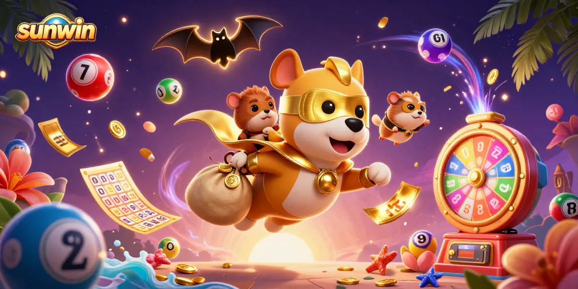 Experience thrilling wins with sunwin's vibrant illustration featuring a superhero dog and colorful gambling symbols.