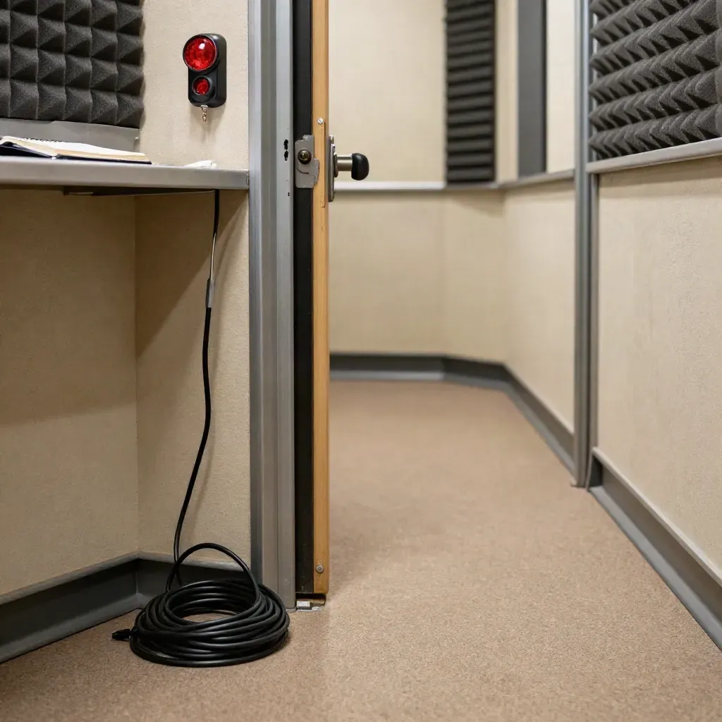 Radio booth corridor after the door shuts, cable settling by a glowing tally light