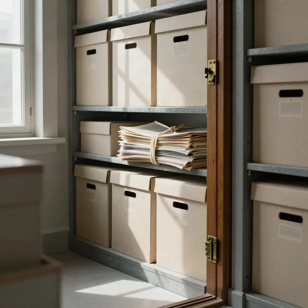 Archive room with open cabinet, stacked boxes, and clipped papers in sunlit dust
