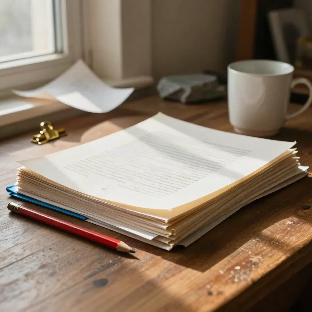 Essay pages, red pencil, brass clip, and curling paper on a warm wooden study table.