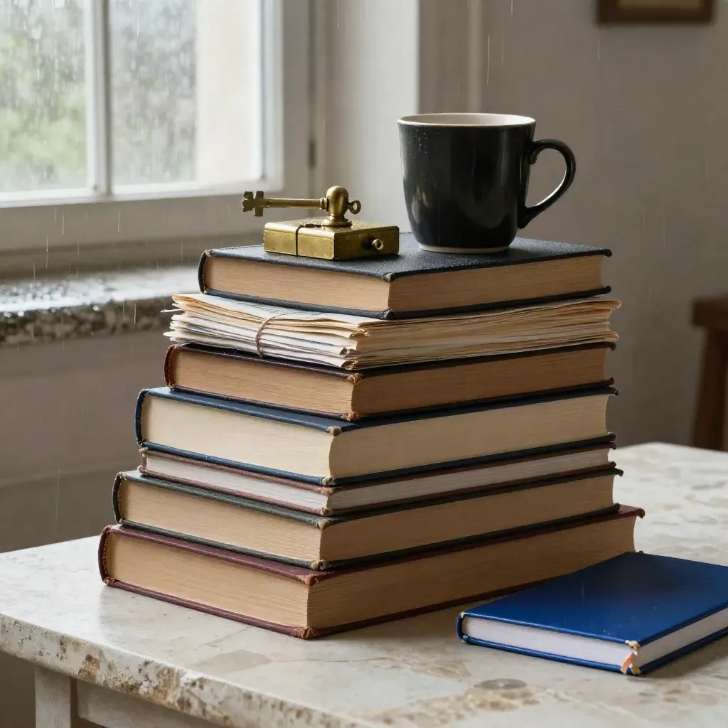 Essay books, newsletter bundle, brass weights, mug and blue notebook on plaster in rain haze