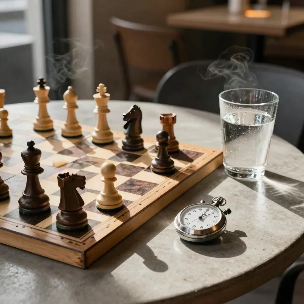 Low chessboard close-up with a missing piece, still stopwatch, water glass, and steam in a cafe glow