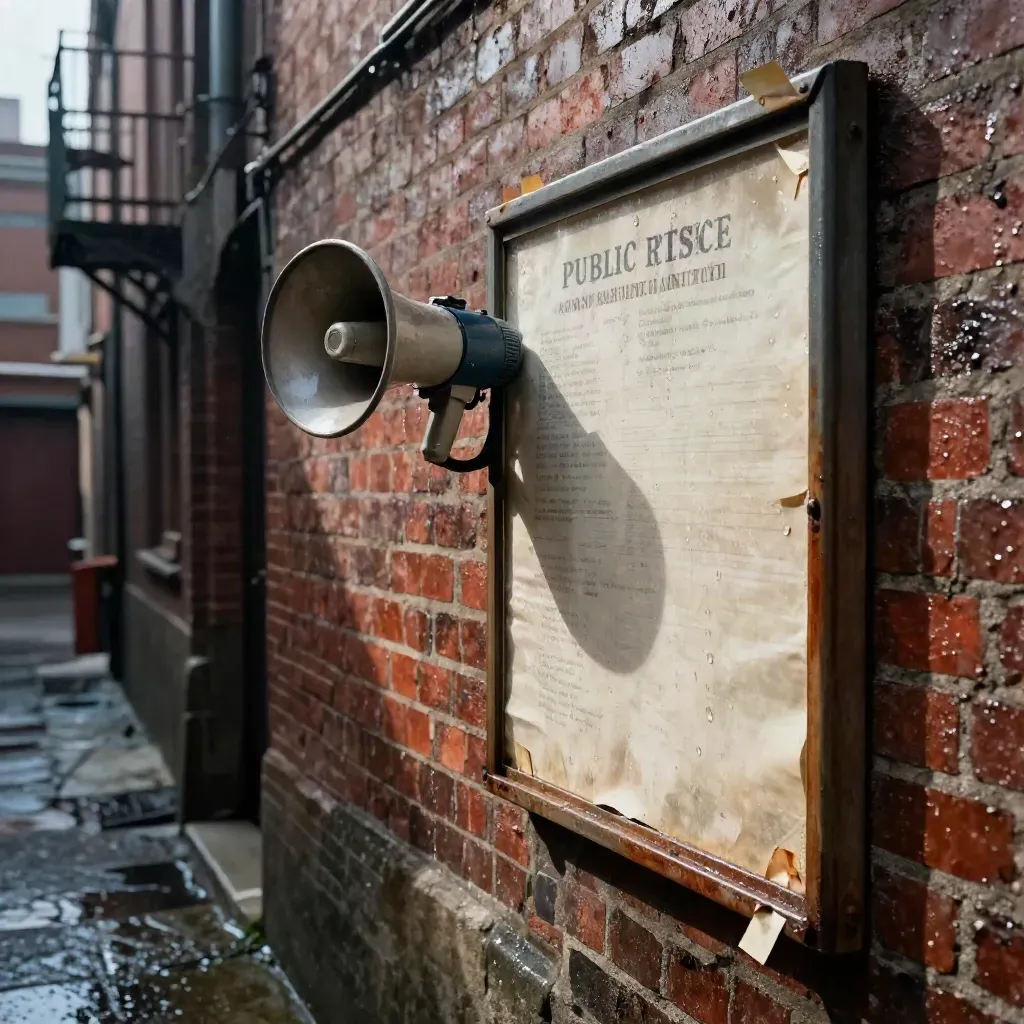 Weathered megaphone and blank notice board in a rainy brick alley, tense and empty.