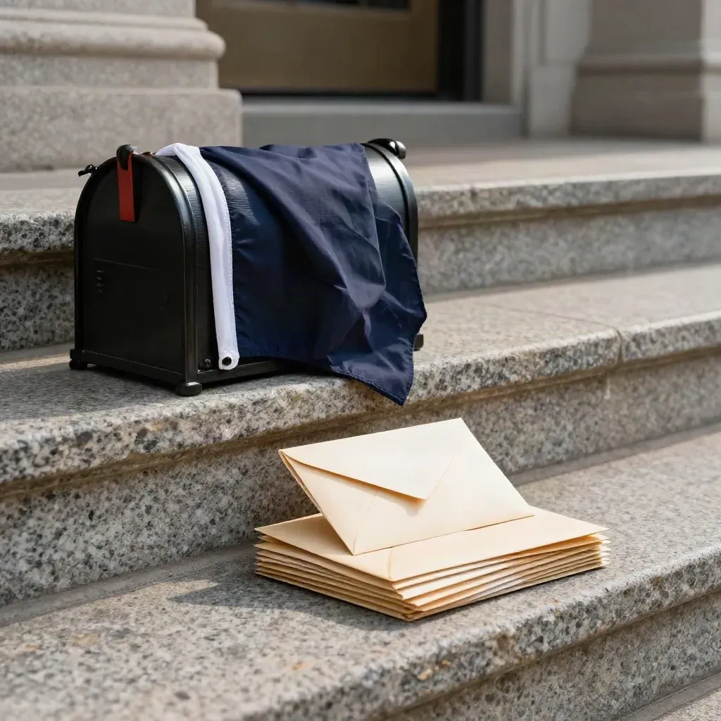 Courthouse steps with a civic mailbox, folded flag, and wind-lifted sealed envelopes.