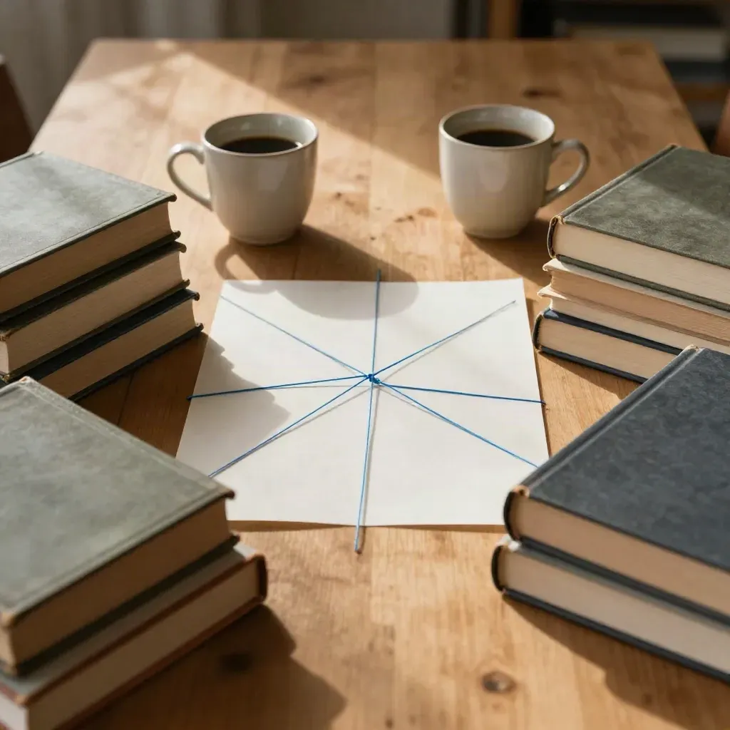 Crossed strings on tracing paper between two stacks of books and coffee cups in hard afternoon light.