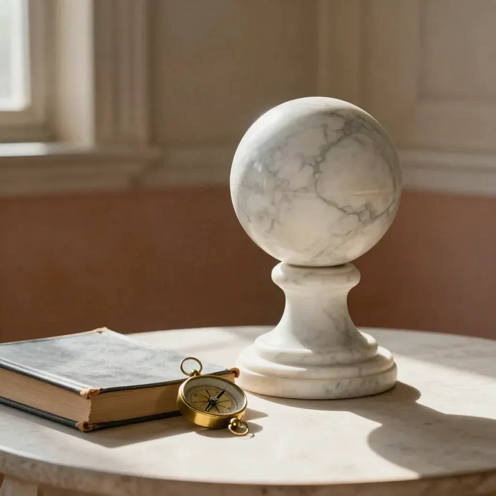 Marble sphere, philosophy book, and brass compass on a plaster pedestal in morning light.