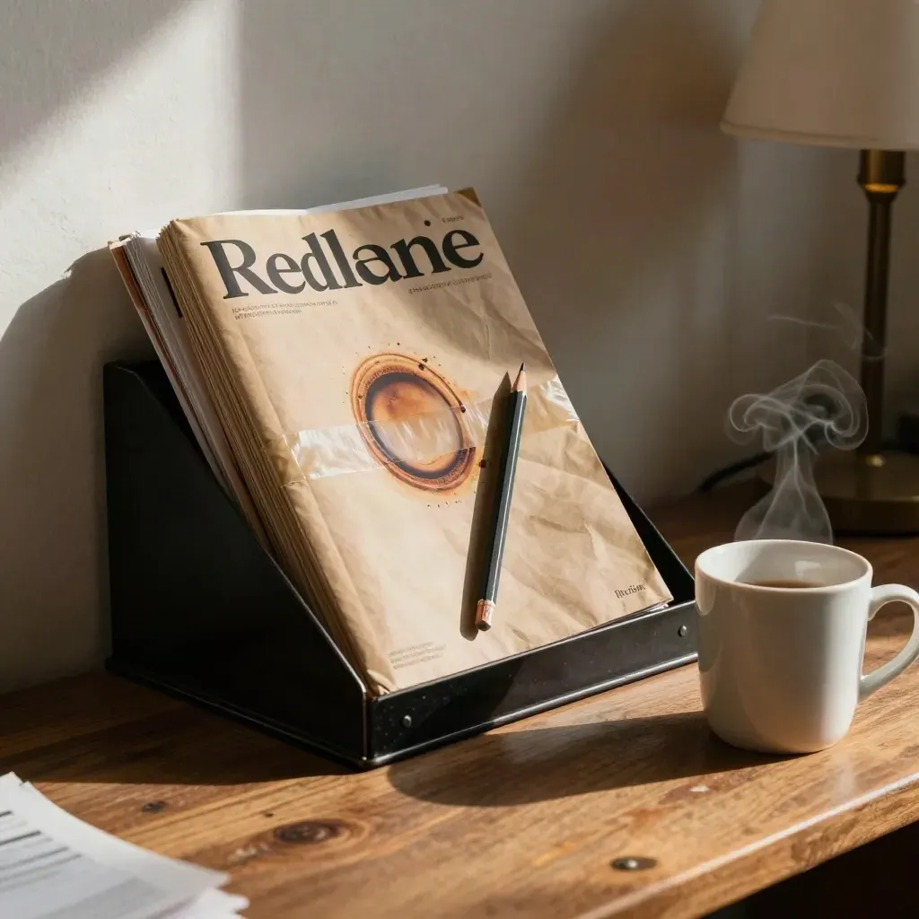 Kraft-wrapped issue bundle slides in a black mail tray beside a pencil and coffee ring