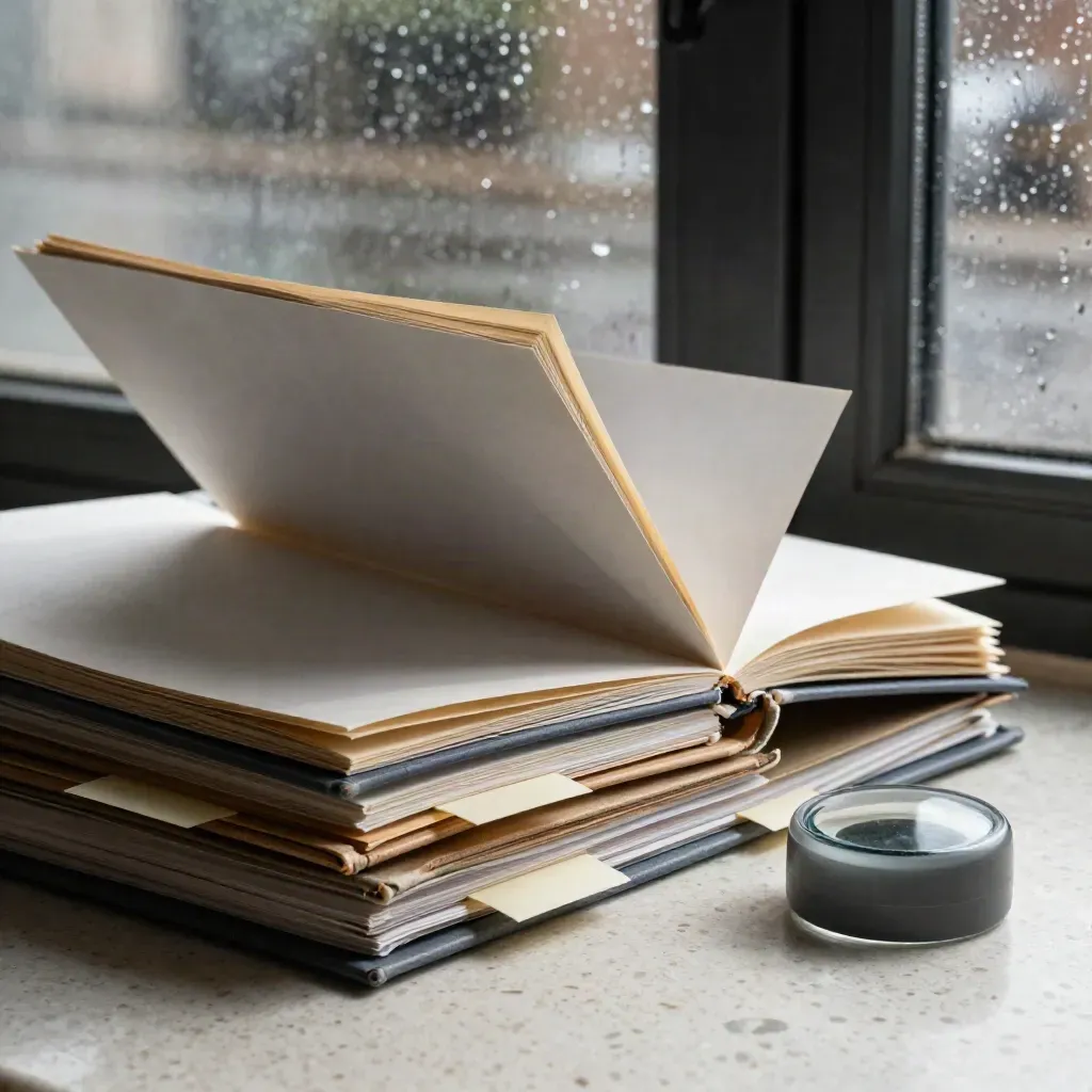 Low-angle folders, notebook, and paperweight beside a rain-streaked window