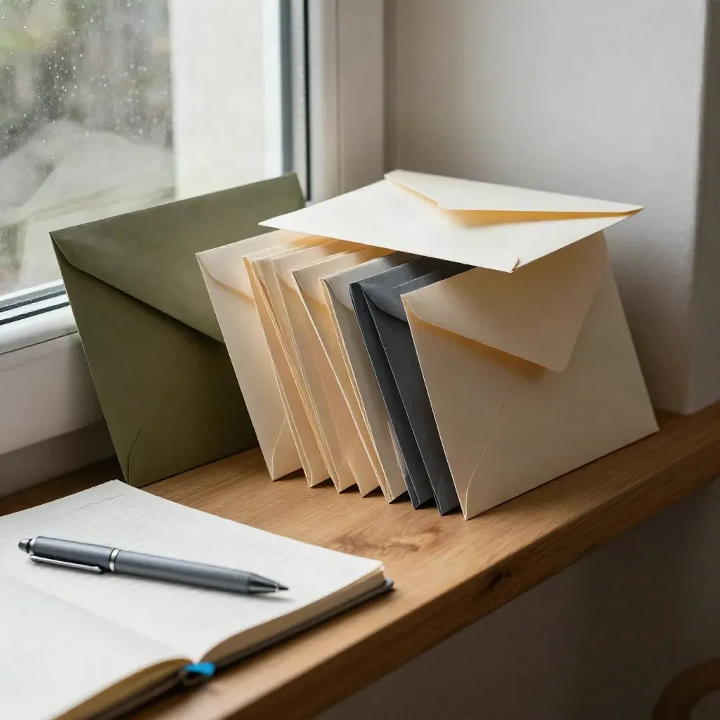 Opened envelopes, reply notebook, and pen cap on an oak shelf by window light