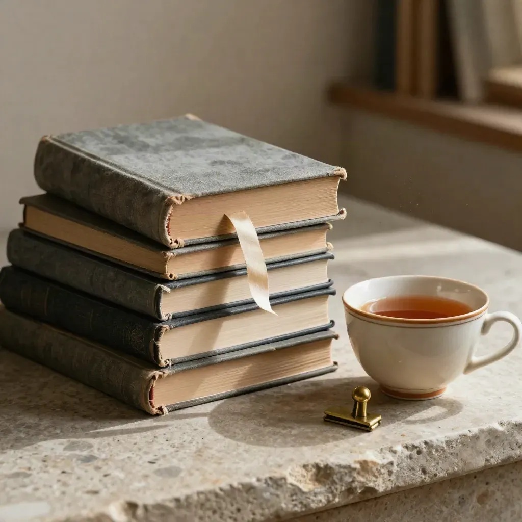 Weathered philosophy books, tea cup, and brass clip on a stone sill in warm window light